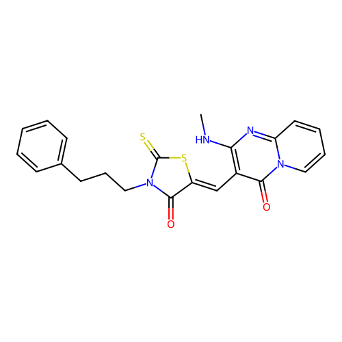 2-(methylamino)-3-{(Z)-[4-oxo-3-(3-phenylpropyl)-2-thioxo-1,3-thiazolidin-5-ylidene]methyl}-4H-pyrido[1,2-a]pyrimidin-4-one structure