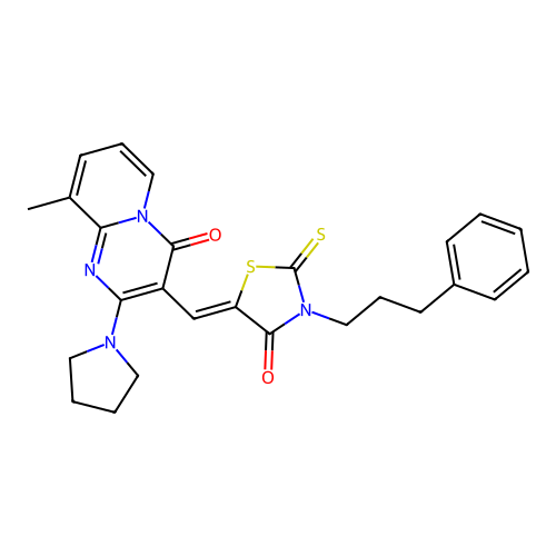 9-methyl-3-{(Z)-[4-oxo-3-(3-phenylpropyl)-2-thioxo-1,3-thiazolidin-5-ylidene]methyl}-2-(pyrrolidin-1-yl)-4H-pyrido[1,2-a]pyrimidin-4-one structure