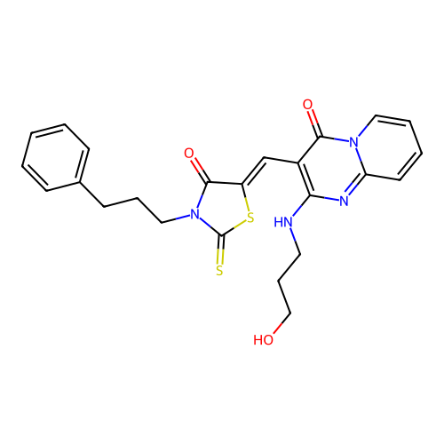 2-[(3-hydroxypropyl)amino]-3-{(Z)-[4-oxo-3-(3-phenylpropyl)-2-thioxo-1,3-thiazolidin-5-ylidene]methyl}-4H-pyrido[1,2-a]pyrimidin-4-one structure
