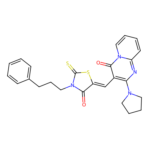 3-{(Z)-[4-oxo-3-(3-phenylpropyl)-2-thioxo-1,3-thiazolidin-5-ylidene]methyl}-2-(pyrrolidin-1-yl)-4H-pyrido[1,2-a]pyrimidin-4-one structure