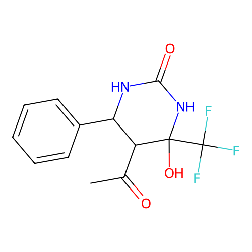 5-acetyl-4-hydroxy-6-phenyl-4-(trifluoromethyl)tetrahydropyrimidin-2(1H)-one structure