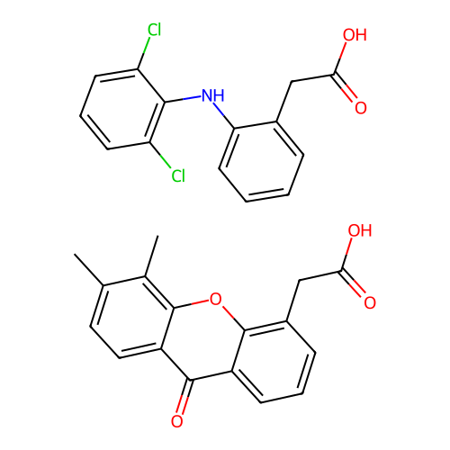 2-[2-(2,6-dichloroanilino)phenyl]acetic acid;2-(5,6-dimethyl-9-oxoxanthen-4-yl)acetic acid structure