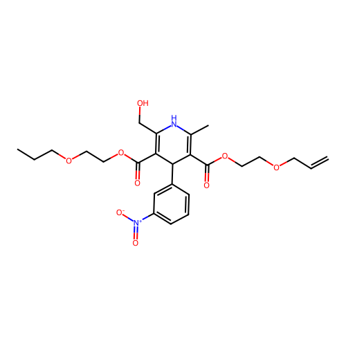 3,5-Pyridinedicarboxylic acid, 1,4-dihydro-2-(hydroxymethyl)-6-methyl-4-(3-nitrophenyl)-, 5-(2-(2-propenyloxy)ethyl) 3-(2-propoxyethyl) ester structure