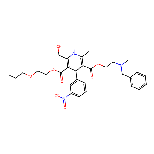 3,5-Pyridinedicarboxylic acid, 1,4-dihydro-2-(hydroxymethyl)-6-methyl-4-(3-nitrophenyl)-, 5-(2-(methyl(phenylmethyl)amino)ethyl) 3-(2-propoxyethyl) ester structure