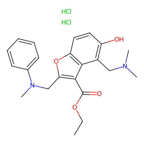 3-Benzofurancarboxylic acid, 4-((dimethylamino)methyl)-5-hydroxy-2-((N- methylanilino)methyl)-, ethyl ester, dihydrochloride structure