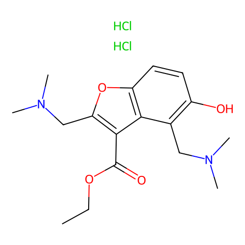 3-Benzofurancarboxylic acid, 2,4-bis((dimethylamino)methyl)-5-hydroxy-, ethyl ester, dihydrochloride, monohydrate structure