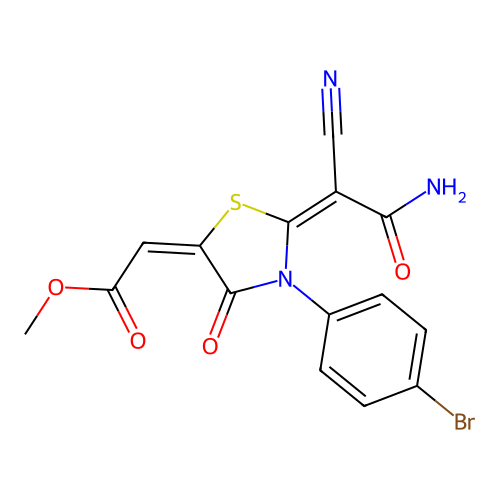 (E)-methyl 2-((E)-2-(2-amino-1-cyano-2-oxoethylidene)-3-(4-bromophenyl)-4-oxothiazolidin-5-ylidene)acetate structure