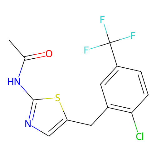 N-{5-[2-chloro-5-(trifluoromethyl)benzyl]-1,3-thiazol-2-yl}acetamide structure
