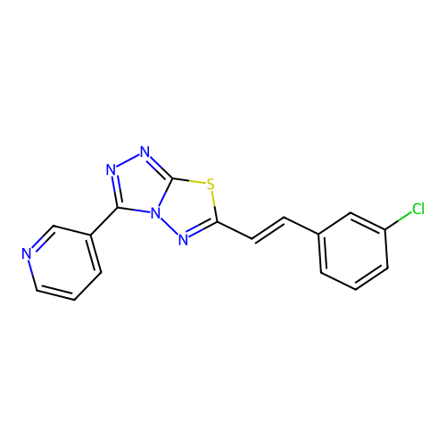 (E)-6-(3-chlorostyryl)-3-(pyridin-3-yl)-[1,2,4]triazolo[3,4-b][1,3,4]thiadiazole structure