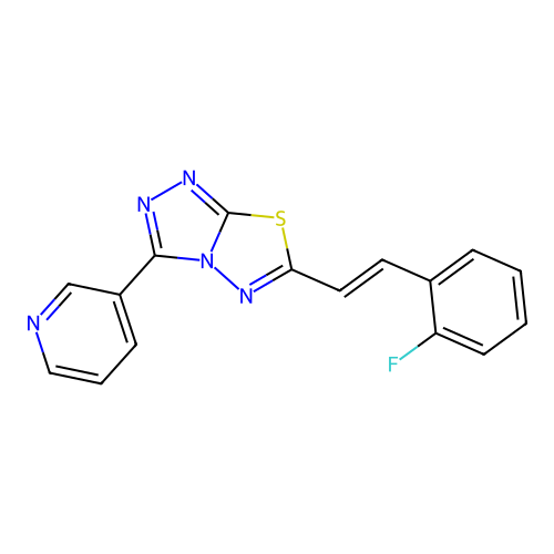 (E)-6-(2-fluorostyryl)-3-(pyridin-3-yl)-[1,2,4]triazolo[3,4-b][1,3,4]thiadiazole structure