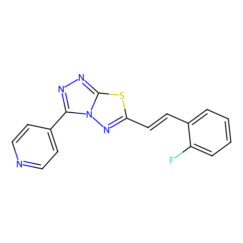 (E)-6-(2-fluorostyryl)-3-(pyridin-4-yl)-[1,2,4]triazolo[3,4-b][1,3,4]thiadiazole structure