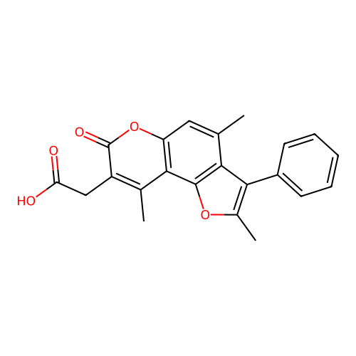 (2,4,9-trimethyl-7-oxo-3-phenyl-7H-furo[2,3-f]chromen-8-yl)acetic acid structure