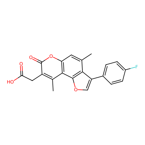 [3-(4-fluorophenyl)-4,9-dimethyl-7-oxo-7H-furo[2,3-f]chromen-8-yl]acetic acid structure