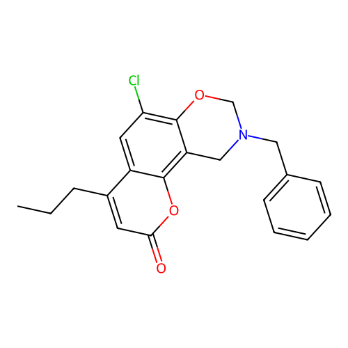 9-benzyl-6-chloro-4-propyl-9,10-dihydro-2H,8H-chromeno[8,7-e][1,3]oxazin-2-one structure