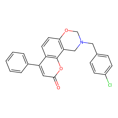 9-(4-chlorobenzyl)-4-phenyl-9,10-dihydro-2H,8H-chromeno[8,7-e][1,3]oxazin-2-one structure