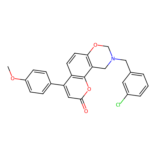 9-(3-chlorobenzyl)-4-(4-methoxyphenyl)-9,10-dihydrochromeno[8,7-e][1,3]oxazin-2(8H)-one structure