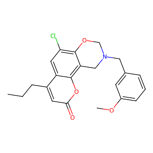 6-chloro-9-(3-methoxybenzyl)-4-propyl-9,10-dihydro-2H,8H-chromeno[8,7-e][1,3]oxazin-2-one structure