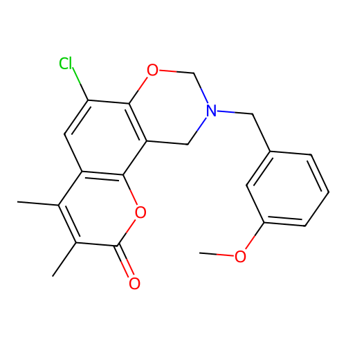 6-chloro-9-(3-methoxybenzyl)-3,4-dimethyl-9,10-dihydro-2H,8H-chromeno[8,7-e][1,3]oxazin-2-one structure