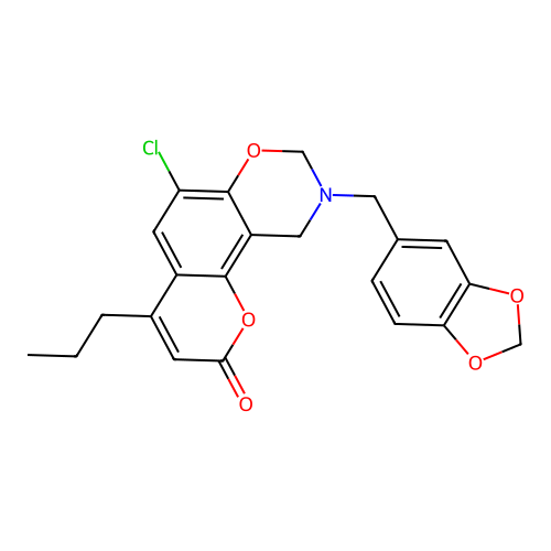9-(1,3-benzodioxol-5-ylmethyl)-6-chloro-4-propyl-8,10-dihydropyrano[2,3-f][1,3]benzoxazin-2-one structure