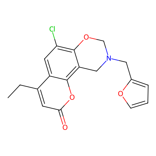 6-chloro-4-ethyl-9-(2-furylmethyl)-8H,10H-chromeno[8,7-e]1,3-oxazaperhydroin-2 -one structure