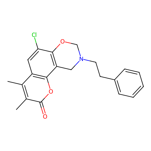 6-chloro-3,4-dimethyl-9-(2-phenylethyl)-8H,10H-chromeno[8,7-e]1,3-oxazaperhydr oin-2-one structure