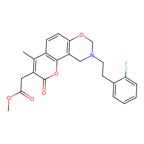methyl {9-[2-(2-fluorophenyl)ethyl]-4-methyl-2-oxo-9,10-dihydro-2H,8H-chromeno[8,7-e][1,3]oxazin-3-yl}acetate structure