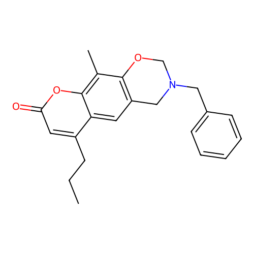 3-benzyl-10-methyl-6-propyl-3,4-dihydro-2H,8H-chromeno[6,7-e][1,3]oxazin-8-one structure