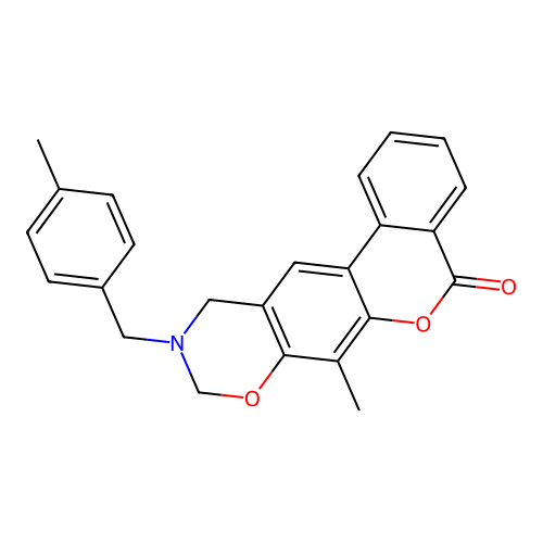 7-methyl-10-(4-methylbenzyl)-10,11-dihydro-5H,9H-benzo[3,4]chromeno[6,7-e][1,3]oxazin-5-one structure