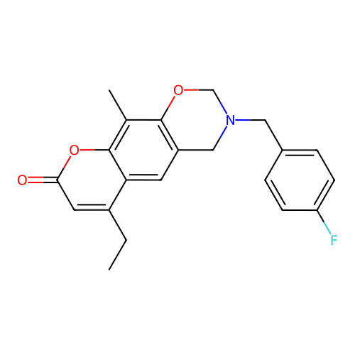 6-ethyl-3-(4-fluorobenzyl)-10-methyl-3,4-dihydrochromeno[6,7-e][1,3]oxazin-8(2H)-one structure