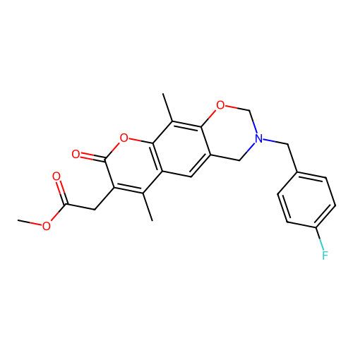 methyl 2-(3-(4-fluorobenzyl)-6,10-dimethyl-8-oxo-2,3,4,8-tetrahydrochromeno[6,7-e][1,3]oxazin-7-yl)acetate structure