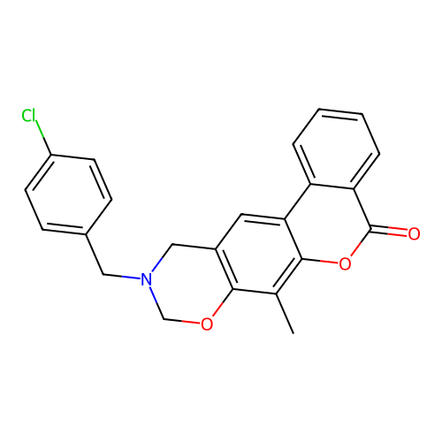 10-(4-chlorobenzyl)-7-methyl-10,11-dihydrobenzo[3,4]chromeno[6,7-e][1,3]oxazin-5(9H)-one structure