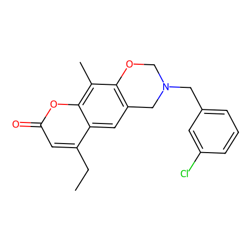 3-(3-chlorobenzyl)-6-ethyl-10-methyl-3,4-dihydrochromeno[6,7-e][1,3]oxazin-8(2H)-one structure