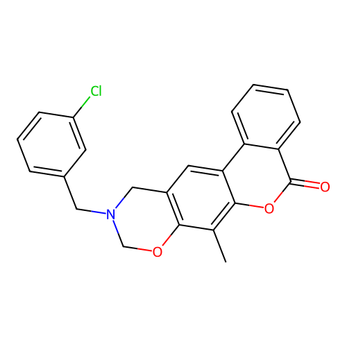 10-(3-chlorobenzyl)-7-methyl-10,11-dihydrobenzo[3,4]chromeno[6,7-e][1,3]oxazin-5(9H)-one structure
