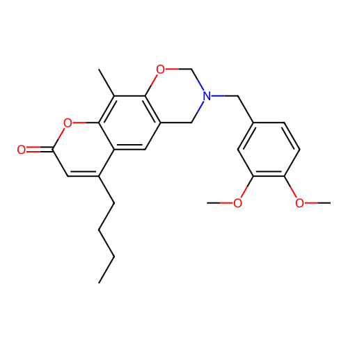 6-butyl-3-(3,4-dimethoxybenzyl)-10-methyl-3,4-dihydrochromeno[6,7-e][1,3]oxazin-8(2H)-one structure