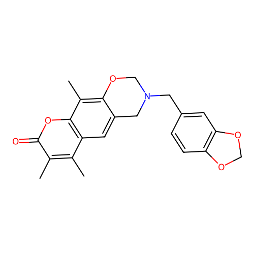 3-(benzo[d][1,3]dioxol-5-ylmethyl)-6,7,10-trimethyl-3,4-dihydrochromeno[6,7-e][1,3]oxazin-8(2H)-one structure