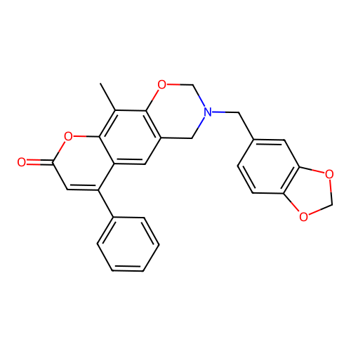 3-(benzo[d][1,3]dioxol-5-ylmethyl)-10-methyl-6-phenyl-3,4-dihydrochromeno[6,7-e][1,3]oxazin-8(2H)-one structure