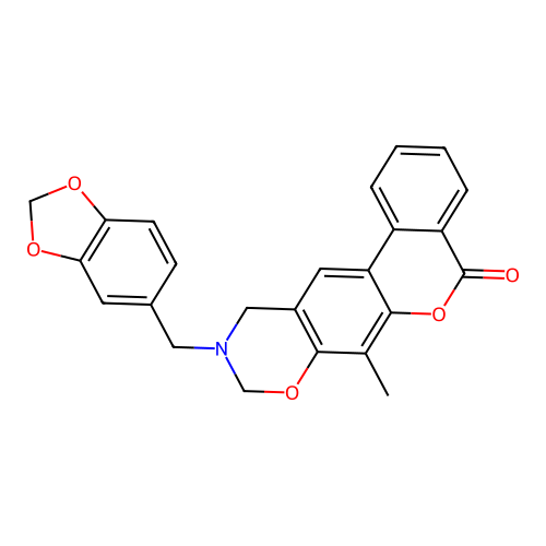 10-(benzo[d][1,3]dioxol-5-ylmethyl)-7-methyl-10,11-dihydrobenzo[3,4]chromeno[6,7-e][1,3]oxazin-5(9H)-one structure