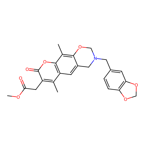 methyl 2-(3-(benzo[d][1,3]dioxol-5-ylmethyl)-6,10-dimethyl-8-oxo-2,3,4,8-tetrahydrochromeno[6,7-e][1,3]oxazin-7-yl)acetate structure