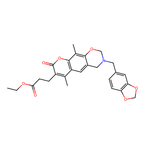 ethyl 3-(3-(benzo[d][1,3]dioxol-5-ylmethyl)-6,10-dimethyl-8-oxo-2,3,4,8-tetrahydrochromeno[6,7-e][1,3]oxazin-7-yl)propanoate structure