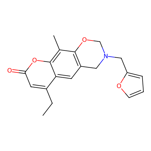 6-ethyl-3-(2-furylmethyl)-10-methyl-2H,4H-chromeno[6,7-e]1,3-oxazin-8-one structure