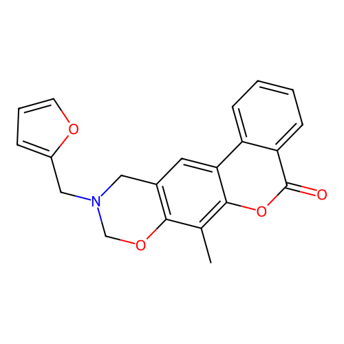 10-(2-furylmethyl)-7-methyl-9H,11H-benzo[c]1,3-oxazino[5,6-g]chromen-5-one structure