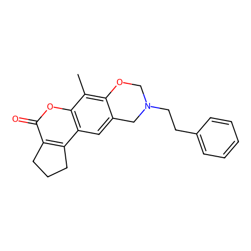 6-methyl-9-(2-phenylethyl)-1,2,3-trihydro-8H,10H-cyclopenta[2,1-c]1,3-oxazino[ 5,6-g]chromen-4-one structure