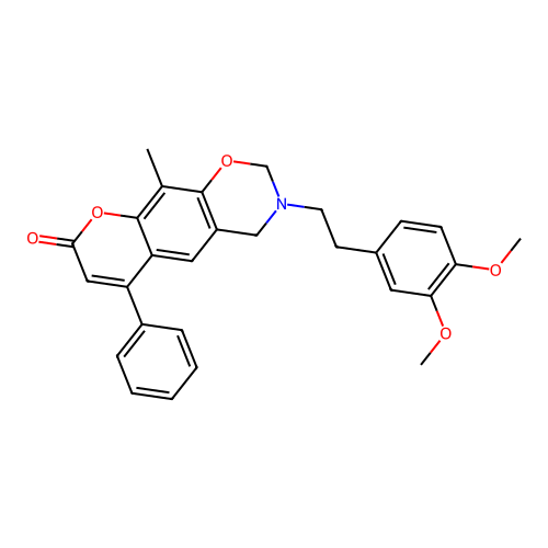 3-(3,4-dimethoxyphenethyl)-10-methyl-6-phenyl-3,4-dihydrochromeno[6,7-e][1,3]oxazin-8(2H)-one structure