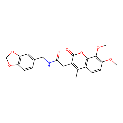 N-(1,3-benzodioxol-5-ylmethyl)-2-(7,8-dimethoxy-4-methyl-2-oxo-2H-chromen-3-yl)acetamide structure