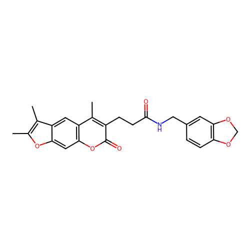 N-(1,3-benzodioxol-5-ylmethyl)-3-(2,3,5-trimethyl-7-oxo-7H-furo[3,2-g]chromen-6-yl)propanamide structure