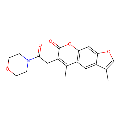 3,5-dimethyl-6-[2-(morpholin-4-yl)-2-oxoethyl]-7H-furo[3,2-g]chromen-7-one structure
