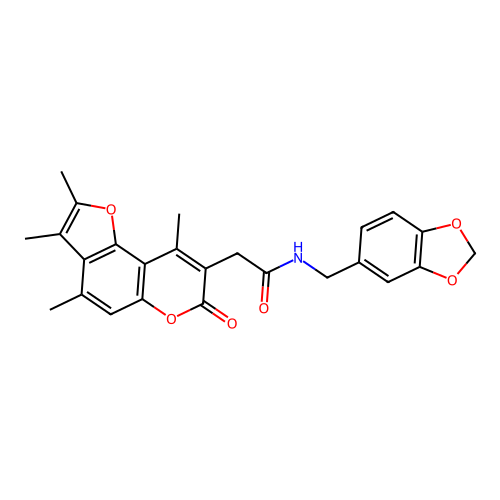 N-(benzo[d][1,3]dioxol-5-ylmethyl)-2-(2,3,4,9-tetramethyl-7-oxo-7H-furo[2,3-f]chromen-8-yl)acetamide structure