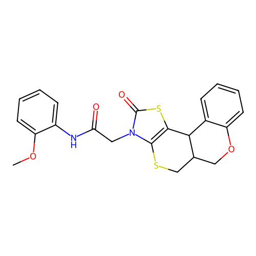 N-(2-methoxyphenyl)-2-(10-oxo(7H,11bH,6aH-1,3-thiazolino[5',4'-6,5]thiino[3,4-c]chroman-9-yl))acetamide structure