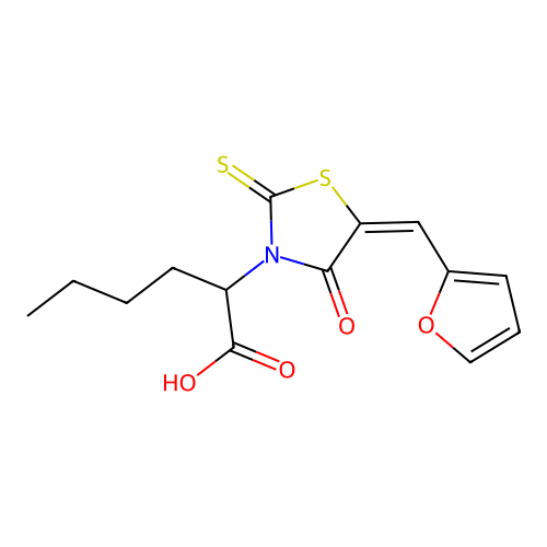 (E)-2-(5-(furan-2-ylmethylene)-4-oxo-2-thioxothiazolidin-3-yl)hexanoic acid structure