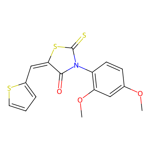 (E)-3-(2,4-dimethoxyphenyl)-5-(thiophen-2-ylmethylene)-2-thioxothiazolidin-4-one structure
